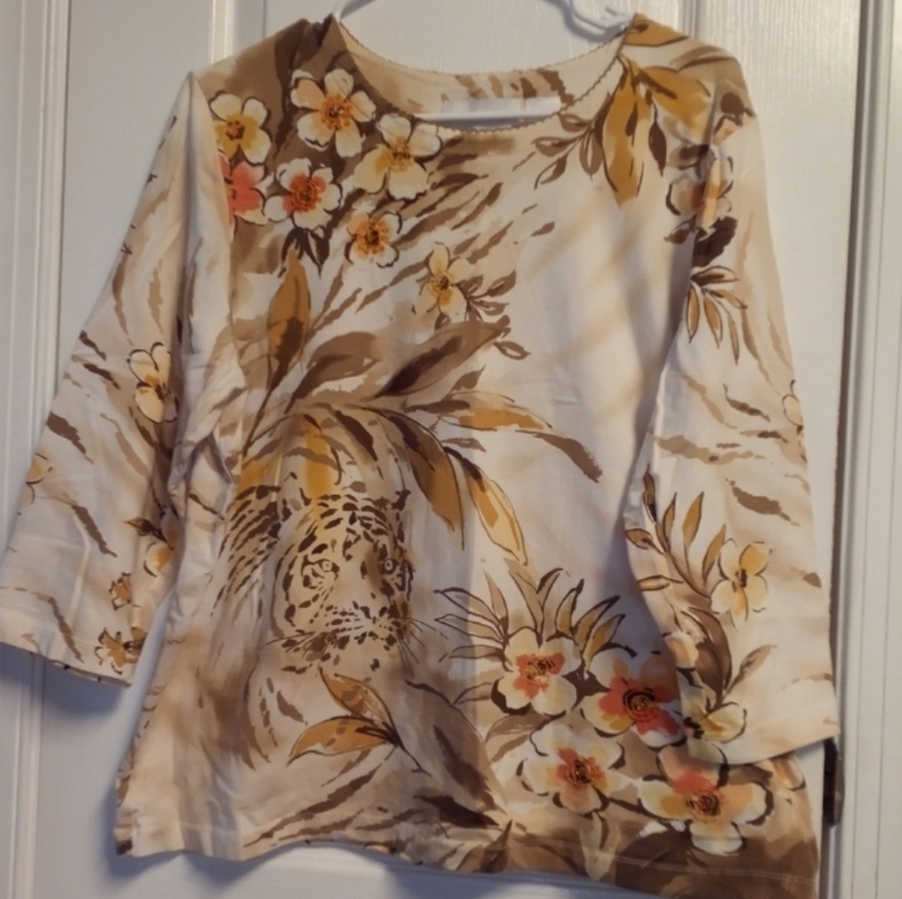 Alfred Dunner Floral Animal Print Long Top Women's L Cream Tan Yellow Dressy